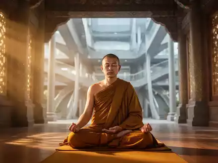 Ein meditierender Mönch in einem traditionellen buddhistischen Tempel, umgeben von goldenem Licht, das durch kunstvolle Fenster fĂ€llt. - Foto: ĂŒber boerse-global.de