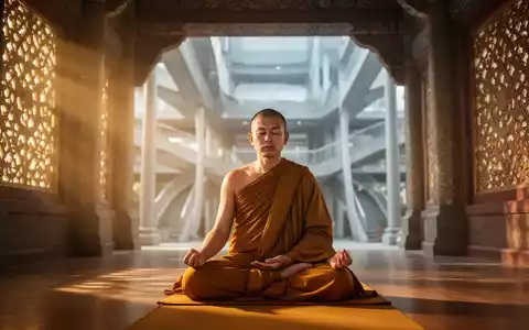 Ein meditierender Mönch in einem traditionellen buddhistischen Tempel, umgeben von goldenem Licht, das durch kunstvolle Fenster fällt. - Foto: über boerse-global.de