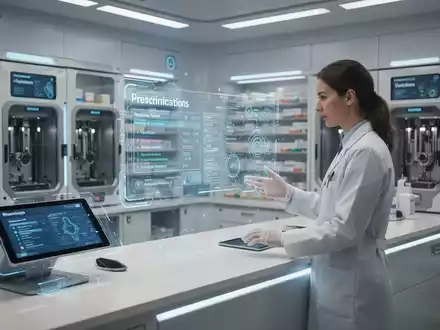 Ein Apotheker nutzt ein holografisches Display zur Verwaltung digitaler Rezepte, mit automatischen Medikamentenspendern in einer modernen Apotheke. - Foto: ĂŒber boerse-global.de