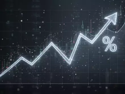 Eine stilisierte Grafik mit einem Aufwärtstrend und einem plötzlichen Rückgang, umgeben von abstrakten digitalen Datenpunkten. - Foto: über boerse-global.de