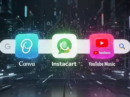 Eine leuchtende Google-Suchleiste mit integrierten Icons für Canva, Instacart und YouTube Music, die KI-App-Integration symbolisiert. - Foto: über boerse-global.de