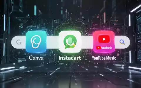 Eine leuchtende Google-Suchleiste mit integrierten Icons für Canva, Instacart und YouTube Music, die KI-App-Integration symbolisiert. - Foto: über boerse-global.de
