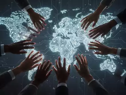 Ein stilisiertes neuronales Netzwerk formt eine subtile Weltkarte, verschiedene Hände greifen danach, Symbol globaler KI-Zusammenarbeit. - Foto: über boerse-global.de