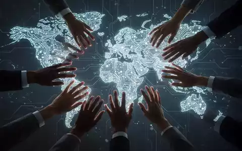 Ein stilisiertes neuronales Netzwerk formt eine subtile Weltkarte, verschiedene Hände greifen danach, Symbol globaler KI-Zusammenarbeit. - Foto: über boerse-global.de