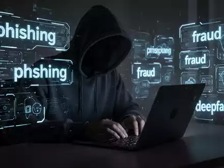 Person in Kapuzenjacke tippt auf Laptop, digitale Overlays mit Begriffen wie 'Phishing' und 'Betrug'. - Foto: über boerse-global.de