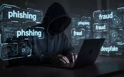 Person in Kapuzenjacke tippt auf Laptop, digitale Overlays mit Begriffen wie 'Phishing' und 'Betrug'. - Foto: über boerse-global.de
