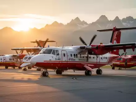 Eine Flotte moderner Löschflugzeuge steht bei Sonnenaufgang auf einem Flugfeld vor einer Bergkulisse bereit. - Foto: über boerse-global.de