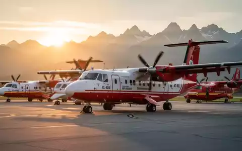 Eine Flotte moderner Löschflugzeuge steht bei Sonnenaufgang auf einem Flugfeld vor einer Bergkulisse bereit. - Foto: über boerse-global.de