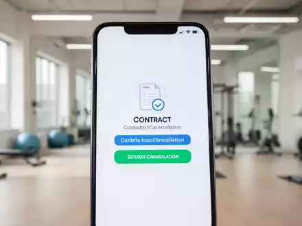 Nahaufnahme eines Smartphones mit einem digitalen Kündigungsbutton auf dem Bildschirm, im Hintergrund ein unscharfes Fitnessstudio. - Foto: über boerse-global.de