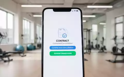 Nahaufnahme eines Smartphones mit einem digitalen Kündigungsbutton auf dem Bildschirm, im Hintergrund ein unscharfes Fitnessstudio. - Foto: über boerse-global.de