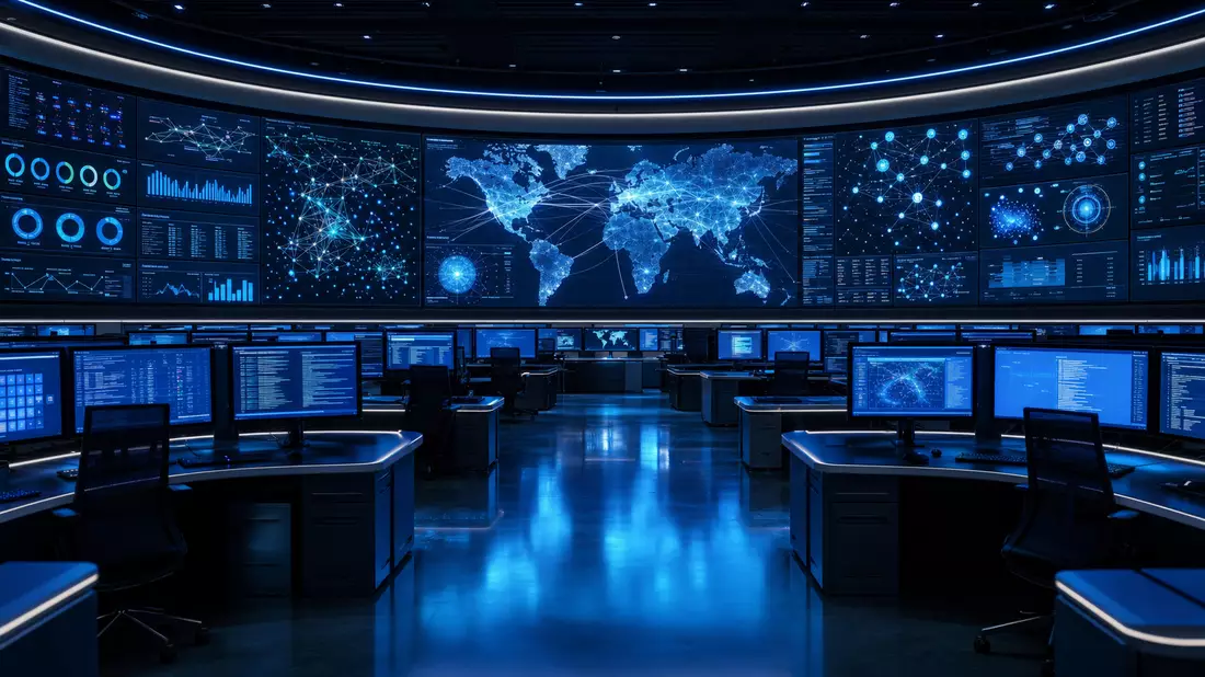 Fotorealistisches Datenzentrum mit LED-Datenwand und Analysten-Arbeitsplätzen in kühlem Blaulicht