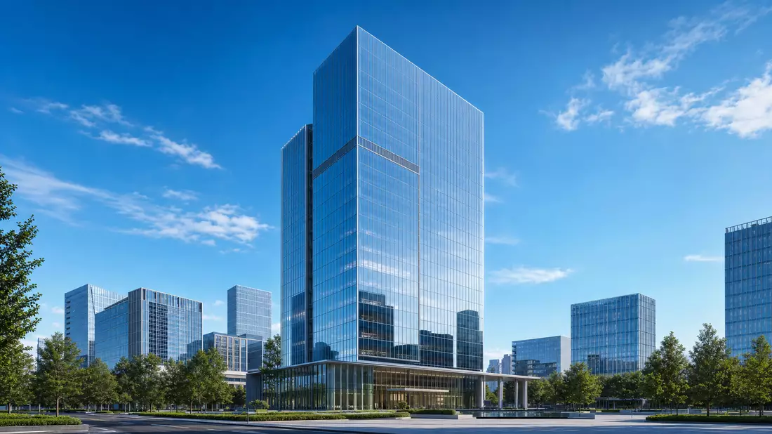 Modernes Glashochhaus als Firmensitz, Pernod Ricard S.A. FR0000120693 Architektur-Render