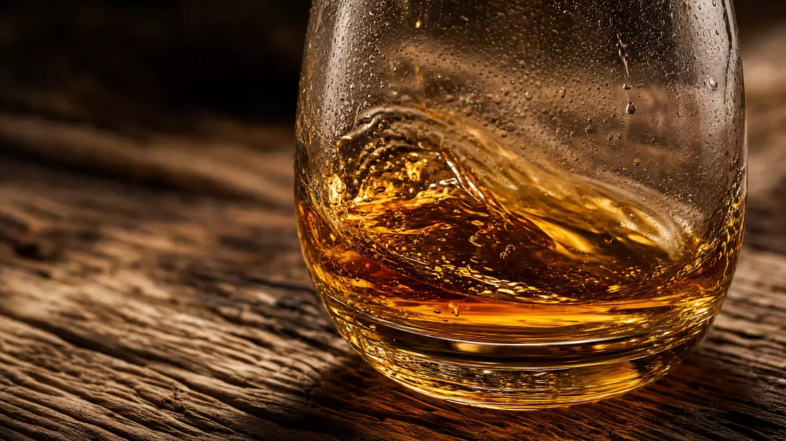 Makroaufnahme schwenkender Spirituose im Glas, Pernod Ricard S.A. FR0000120693 Produkt