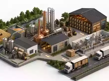 Isometrisches 3D-Diagramm zeigt die Wertschöpfungskette vom Getreidefeld bis Versand, typisch für Pernod Ricard S.A. FR0000120693 - Foto: THN