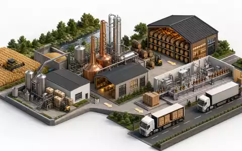 Isometrisches 3D-Diagramm zeigt die Wertschöpfungskette vom Getreidefeld bis Versand, typisch für Pernod Ricard S.A. FR0000120693 - Foto: THN