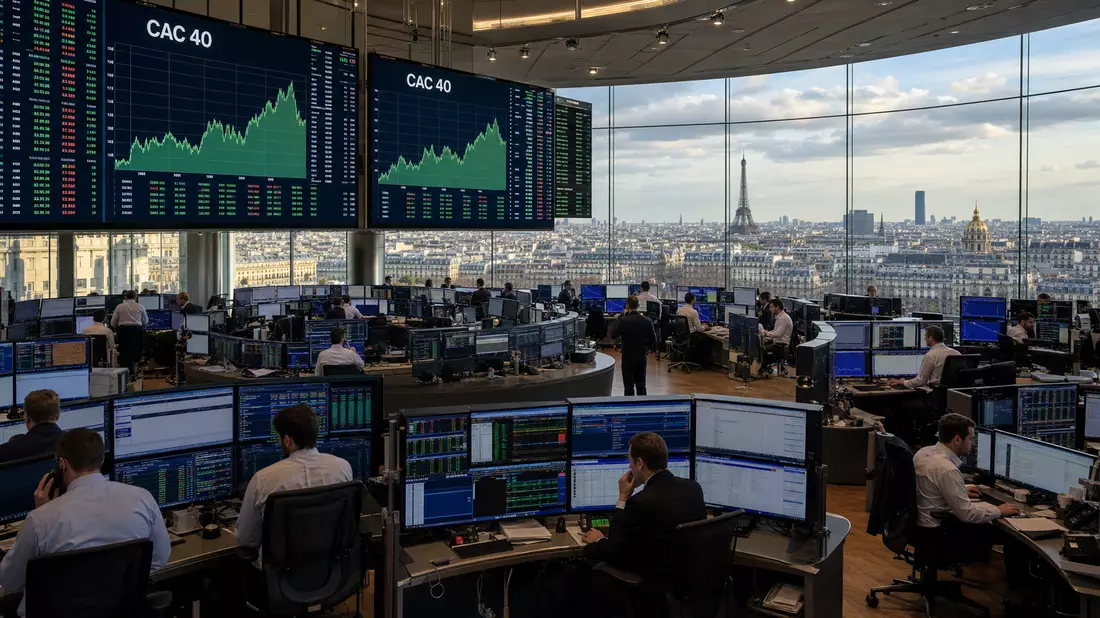 Handelsraum mit CAC-40-Charts und Pariser Skyline, Pernod Ricard S.A. FR0000120693 Börse