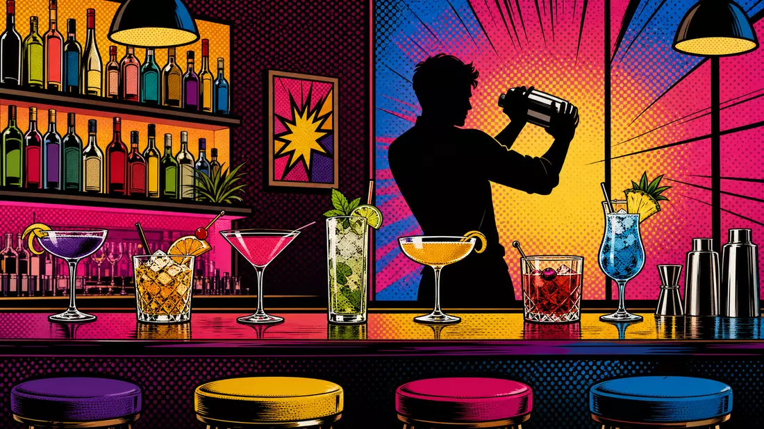 Pop-Art-Comic einer Barszene mit Cocktails, Pernod Ricard S.A. FR0000120693 Illustration