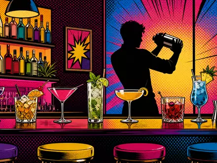 Pop-Art-Comic zeigt eine bunte Barszene mit Cocktailgläsern, passend zur Getränkebranche von Pernod Ricard S.A. FR0000120693 - Foto: THN