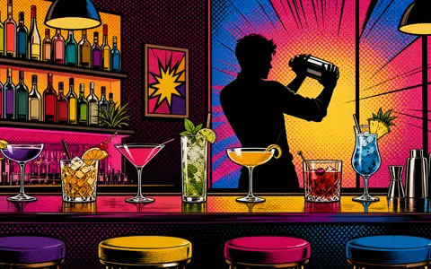 Pop-Art-Comic zeigt eine bunte Barszene mit Cocktailgläsern, passend zur Getränkebranche von Pernod Ricard S.A. FR0000120693 - Foto: THN