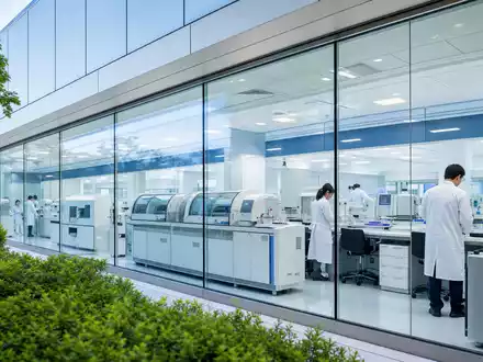 Labcorp (ISIN US50540R4092) betreibt moderne klinische Labore mit Technikern und automatisierten Diagnosegeräten hinter Glasfassaden - Foto: THN