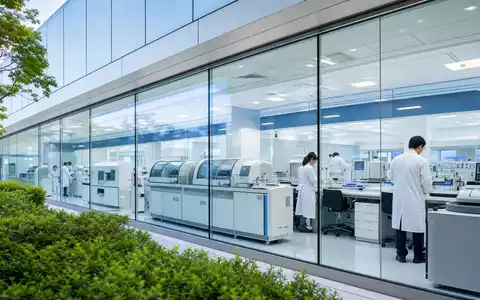 Labcorp (ISIN US50540R4092) betreibt moderne klinische Labore mit Technikern und automatisierten Diagnosegeräten hinter Glasfassaden - Foto: THN