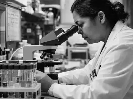 Schwarzweiß-Reportagefoto zeigt Laborantin bei Blutprobenanalyse, passend zu Labcorp und ISIN US50540R4092 im Diagnostiksektor - Foto: THN
