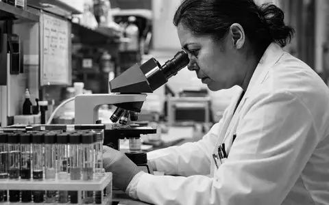 Schwarzweiß-Reportagefoto zeigt Laborantin bei Blutprobenanalyse, passend zu Labcorp und ISIN US50540R4092 im Diagnostiksektor - Foto: THN