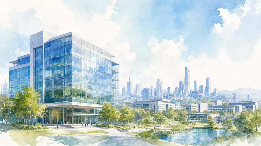 Aquarellbild eines gläsernen Bürogebäudes vor Skyline in Pastelltönen