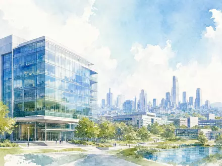 Aquarellmalerei einer Stadtlandschaft mit gläsernem Firmensitz symbolisiert Labcorp, ISIN US50540R4092, im Gesundheitssektor - Foto: THN