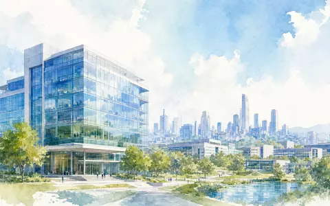 Aquarellmalerei einer Stadtlandschaft mit gläsernem Firmensitz symbolisiert Labcorp, ISIN US50540R4092, im Gesundheitssektor - Foto: THN
