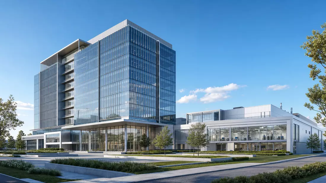3D-Rendering eines modernen Glas- und Stahl-Firmensitzes mit angrenzendem Laborgebäude