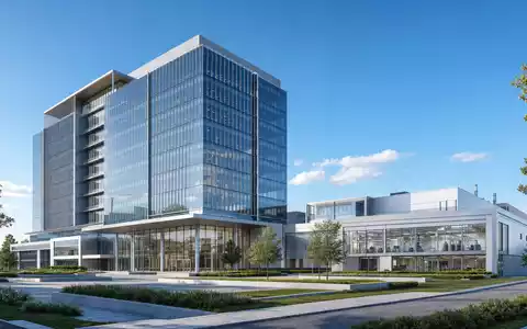 Architektur-Rendering eines gläsernen modernen Firmenhauptsitzes mit Laborflügel repräsentiert Labcorp, ISIN US50540R4092, aus der Diagnostikbranche - Foto: THN