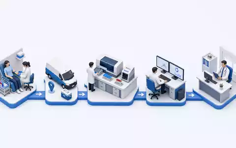 Isometrische 3D-Grafik der Diagnostik-Wertschöpfungskette veranschaulicht Labcorp, ISIN US50540R4092, vom Sample bis zum Befund - Foto: THN