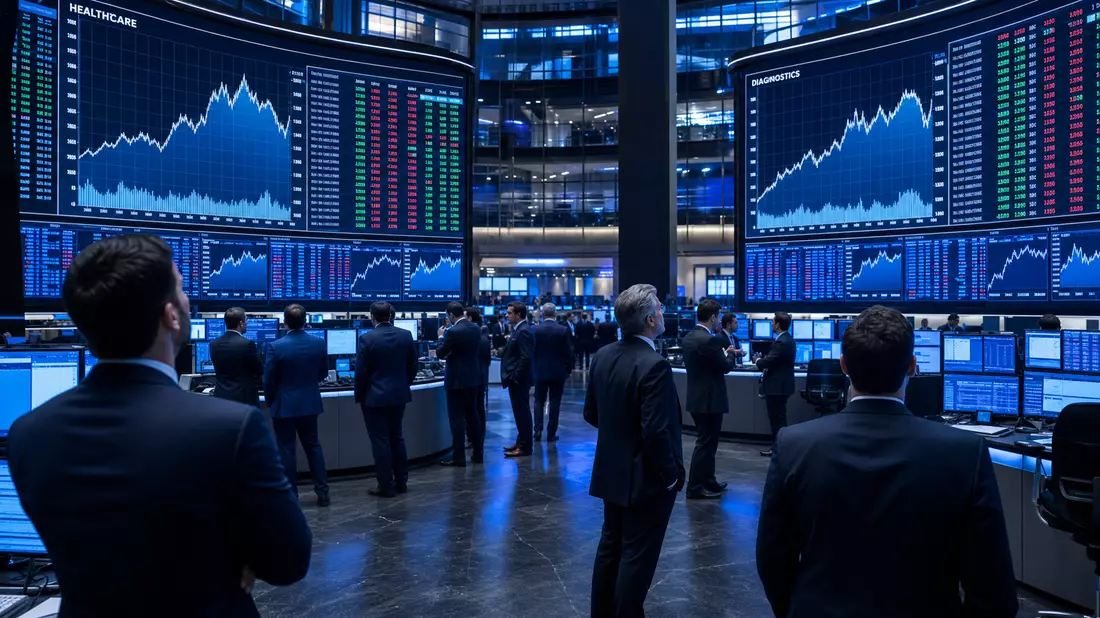 Trading-Floor mit großen Bildschirmen und Kurscharts zum Gesundheitssektor
