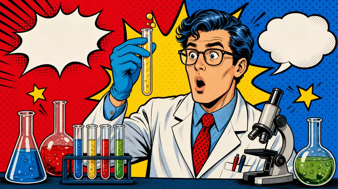 Bunte Pop-Art-Comicszene eines Wissenschaftlers mit Reagenzglas und Rasterpunkten