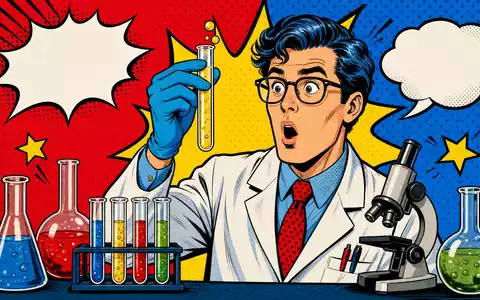 Pop-Art-Comic mit überraschtem Wissenschaftler und Reagenzglas symbolisiert Labcorp, ISIN US50540R4092, in leuchtenden Comicfarben - Foto: THN