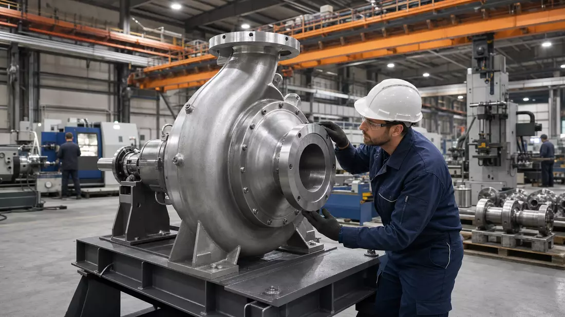 Techniker montiert industrielle Kreiselpumpe in moderner Fertigungshalle mit Kran