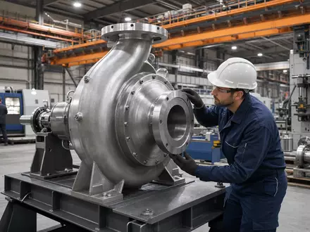 Fotorealistisches Bild zeigt KSB SE & Co. KGaA Vz. (DE0006292030), Pumpenmontage in moderner Werkshalle - Foto: THN