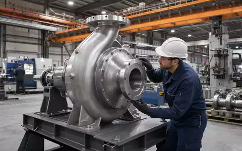 Fotorealistisches Bild zeigt KSB SE & Co. KGaA Vz. (DE0006292030), Pumpenmontage in moderner Werkshalle - Foto: THN