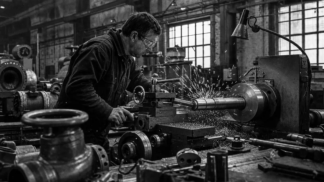 Schwarzweiß-Reportagefoto einer Präzisionsdrehbank in Metallwerkstatt