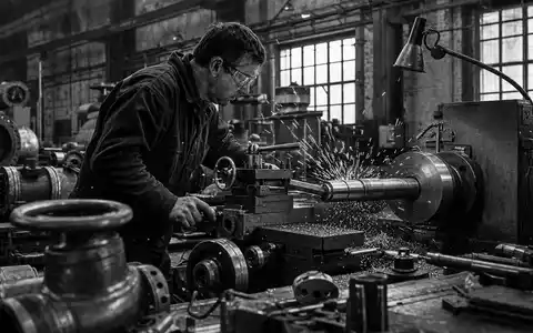 Schwarzweiß-Reportage zeigt KSB SE & Co. KGaA Vz. (DE0006292030), Präzisionsfertigung einer Pumpenwelle im Werk - Foto: THN