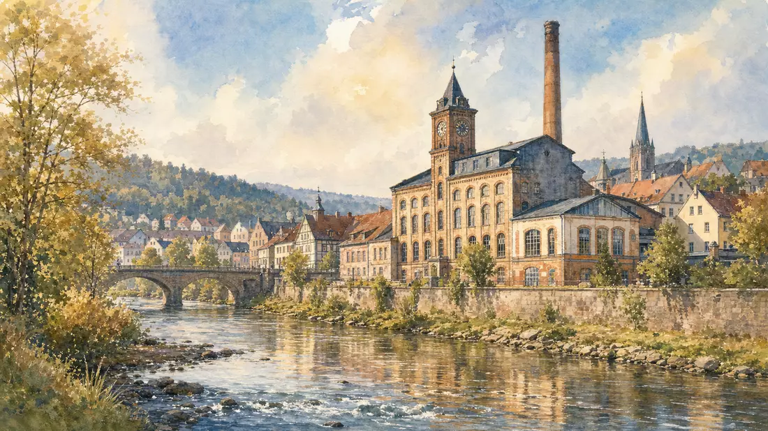 Aquarell einer Industriestadt am Fluss mit historischem Fabrikgebäude