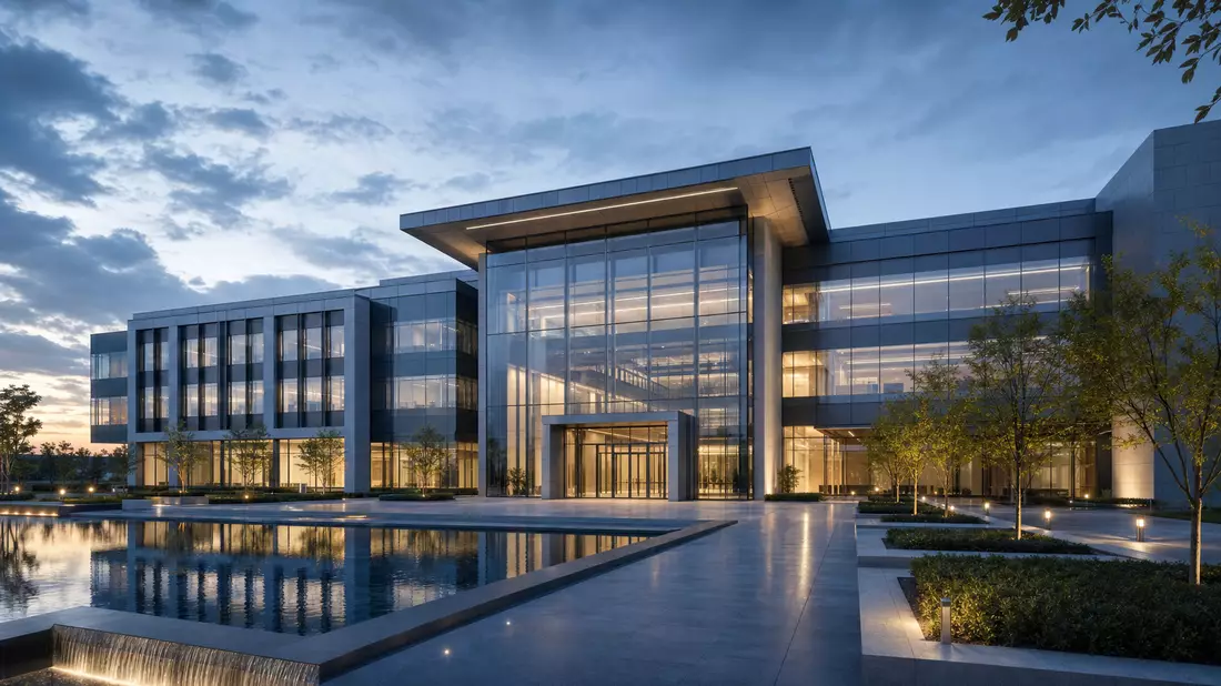 Architektur-Render einer gläsernen modernen Firmenzentrale bei Dämmerung