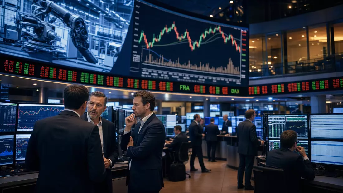 Trading-Floor mit Industrie-Charts, Ticker FRA und DAX im Hintergrund