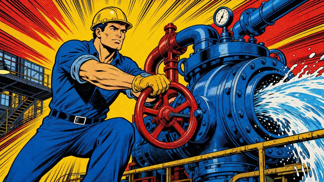Comicillustration eines Arbeiters, der ein großes Industrieventil bedient