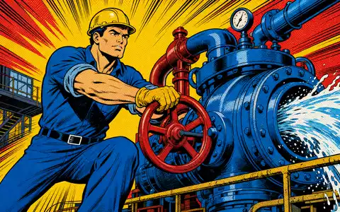 Pop-Art-Comic zeigt Arbeiter an Pumpe, künstlerische Hommage an KSB SE & Co. KGaA Vz. (DE0006292030) - Foto: THN