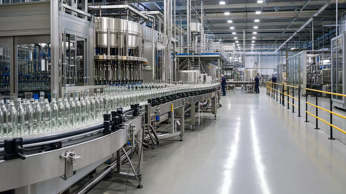 Fotorealistische Getränkeabfüllanlage mit Glasflaschen auf Förderband in moderner Industriehalle