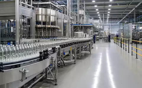 Fotorealistische Abfüllanlage der Krones AG DE0006335003 zeigt moderne Glasflaschen-Produktionslinie in hell beleuchteter Industriehalle mit Maschinen - Foto: THN