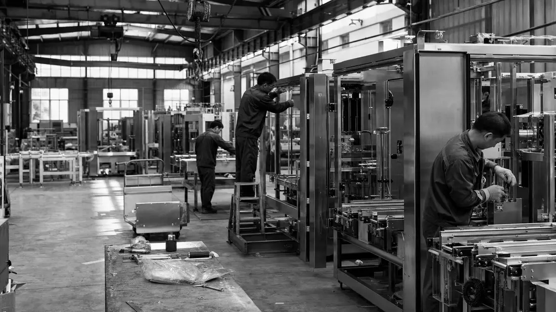 Schwarzweißfoto von Arbeitern beim Montieren industrieller Verpackungsmaschinen in einer Fabrikhalle