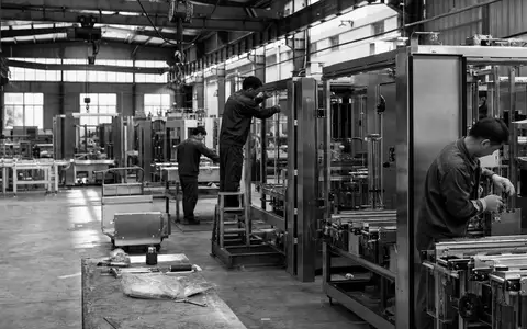Schwarzweiß-Reportagefoto zur Krones AG DE0006335003 dokumentiert Arbeiter beim Zusammenbau industrieller Verpackungsmaschinen in großer Fertigungshalle authentisch - Foto: THN